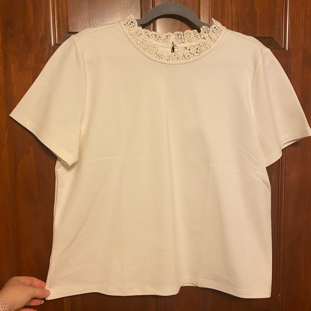 NWOT Ann Taylor, White, Lace Ruffle Collar Top, Large